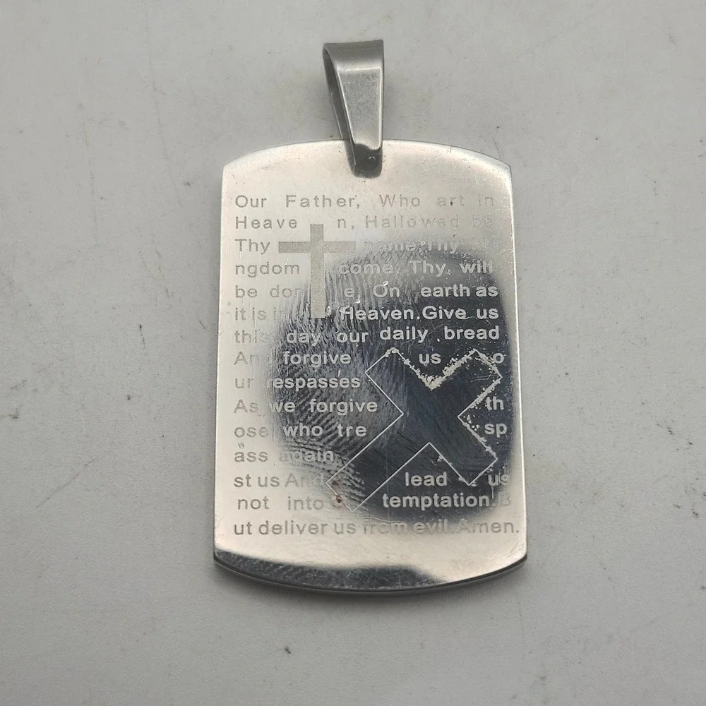 Lords Prayer Dog Tag Pendant Stainless Steel Cross Religious Silver Tone Charm